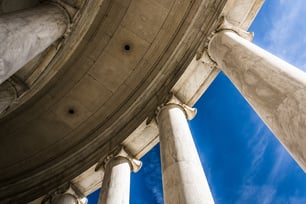 Looking up at columns at the Thomas Jefferson Memorial, Washington, DC.
